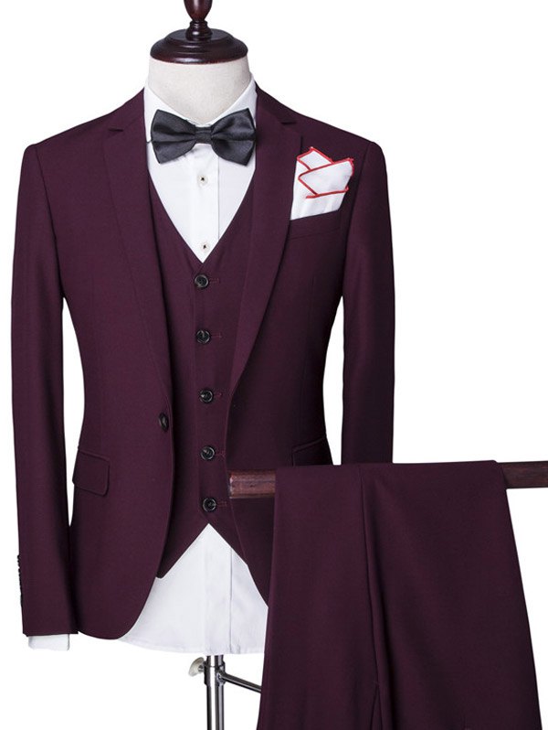 Solid Color Single Breasted Lapel Long Sleeve Men's Three-Piece Suit ...